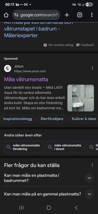 Online sökresultat för att måla våtrumsmatta i badrum, med reklaminnehåll och tips om Jotun Lady Aqua färg.