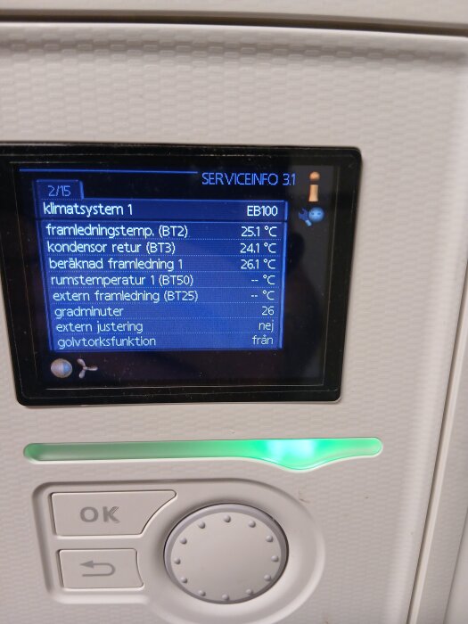 Display på Nibe-enhet med klimatinställningar och temperaturer, visar bland annat framledningstemp 25,1°C och kondensorretur 24,1°C.