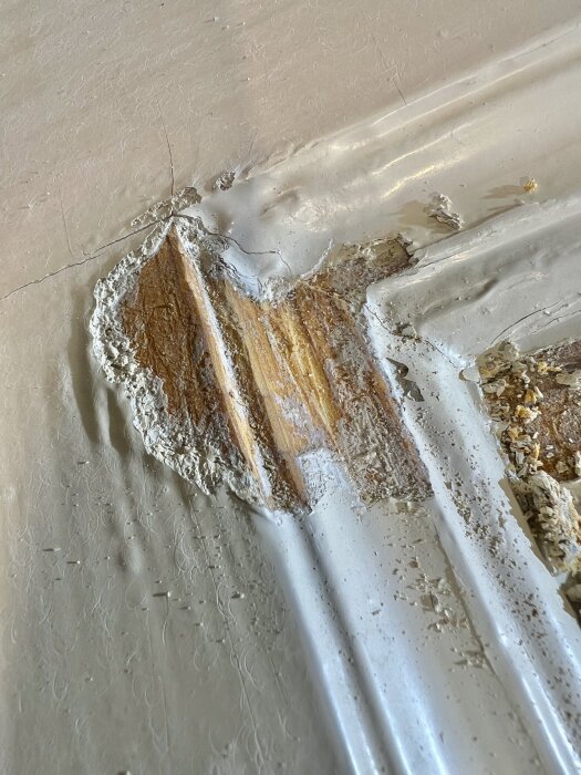 Flagnande färg och slitage på gammal pardörr, visar träunderlaget där färgen skrapats bort med värmepistol.