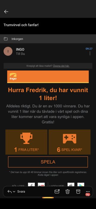 Ett e-postmeddelande från INGO där mottagaren gratuleras för att ha vunnit 1 liter bränsle.