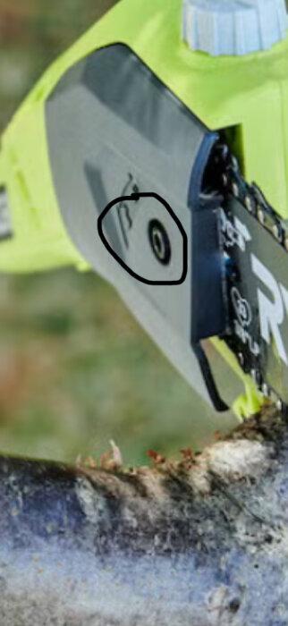 Närbild av en Ryobi grensåg med fokus på en skruv som är markerad i svart, placerad vid sågkroppen nära ett trädgren.