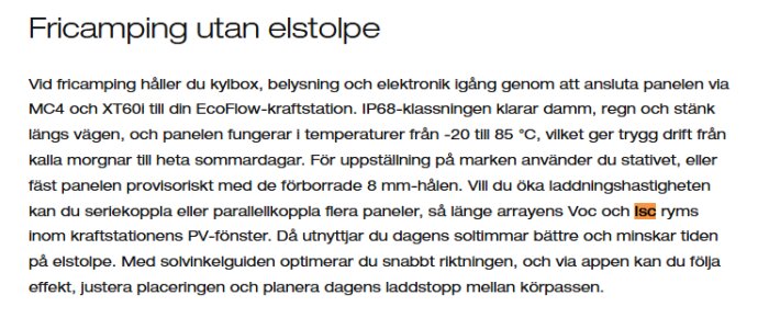Text som beskriver fricamping utan elstolpe och användning av EcoFlow-kraftstation med solpaneler.