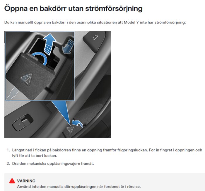 Nödöppnare för bakdörr i Tesla visas med instruktioner för manuell upplåsning utan strömförsörjning.