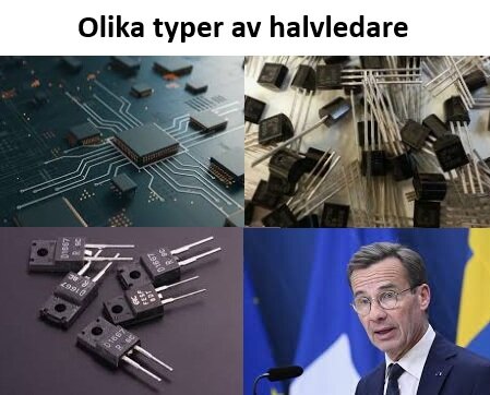 Fyra bilder, tre av halvledarkomponenter och en på en man i kostym. Text: 'Olika typer av halvledare'.