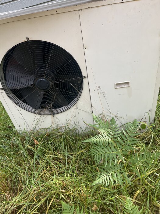 Ventilationfläkt utomhus omgiven av gräs och ormbunkar.