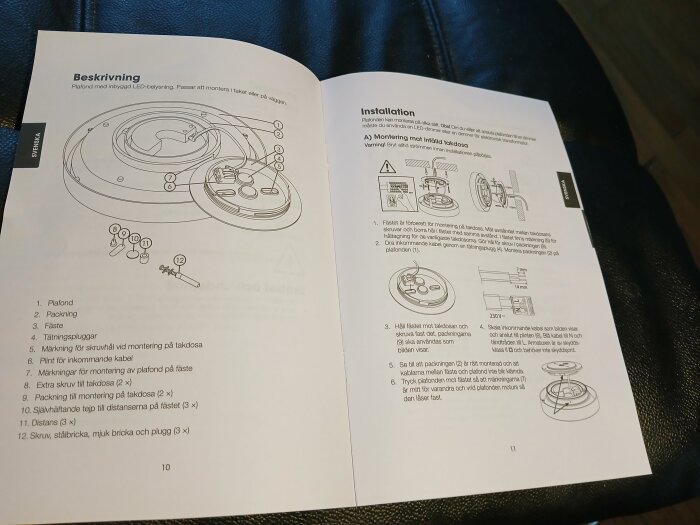 Instruktionsmanual för montering av plafond med illustrationsbilder och steg-för-steg-anvisningar för installation på vägg eller tak.