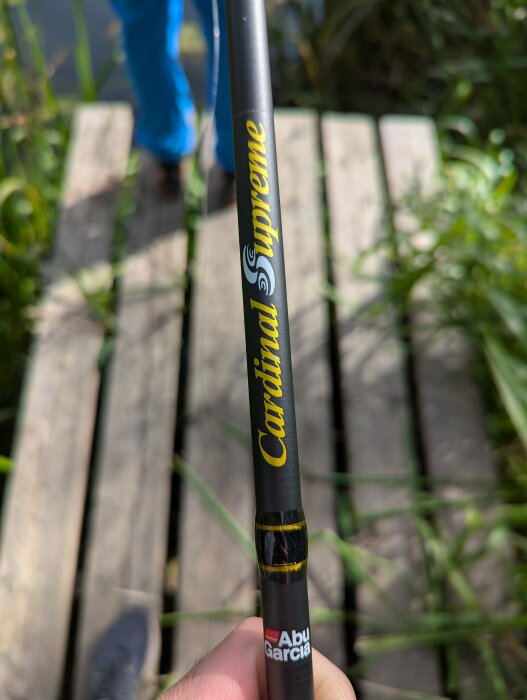 Fiskespö märkt "Cardinal Supreme" och "Abu Garcia" hålls vid en brygga i närheten av vatten och grönska.