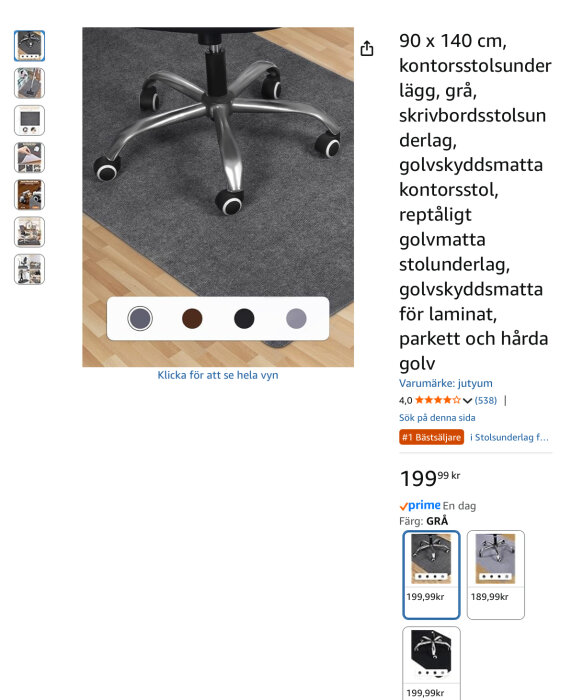 Stol på grå kontorsstolsmatta, skyddande underlag på trägolv, perfekt för att undvika skador från hjulen.