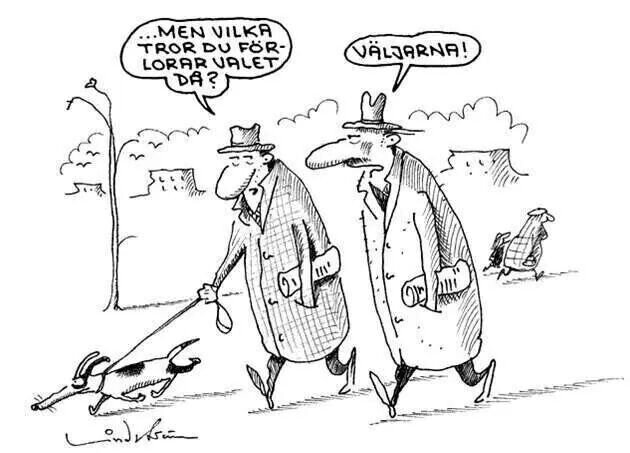 Två män i rockar promenerar med en hund. En man frågar vem som förlorar valet, den andra svarar "väljarna!" i en tecknad illustration.