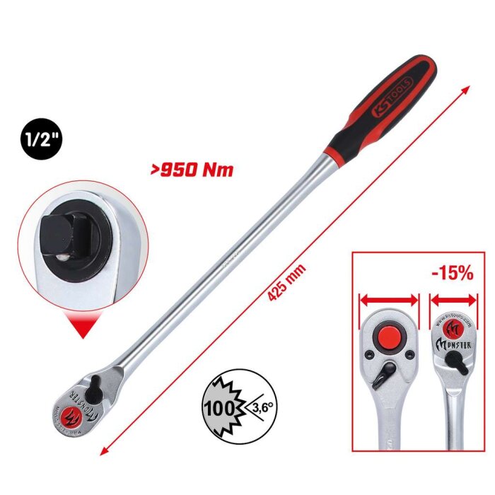 Spärrhandtag från KS Tools, 1/2-tum, över 950 Nm, 425 mm lång.