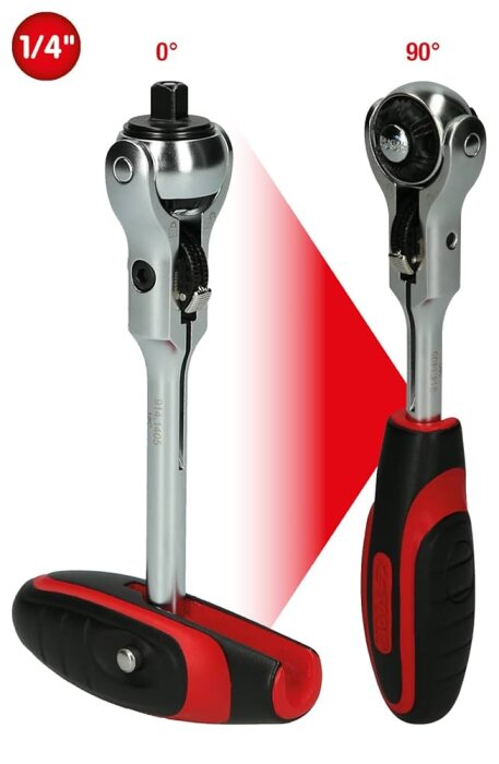Spärrhandtag från KS Tools med justerbar vinkel, 0° och 90°, och 1/4" fattning i silver och svart/röd design.