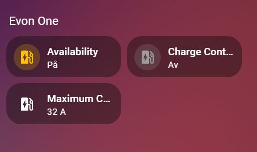 Kontrollpanel för Evon One-laddare i Home Assistant, visar tillgänglighet (På), laddningskontroll (Av) och maxström (32 A).
