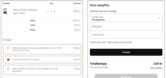 Bild på en varukorg online med iPhone 15 Pro SIM-kortfack, totalbelopp 238 kr, inklusive frakt och moms. Fraktalternativ visas också.