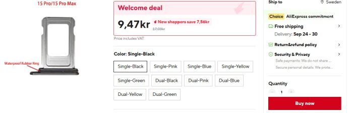 Produktbild av en SIM-korthållare för iPhone 15 Pro/15 Pro Max med pris 9,47 kr och olika färgalternativ, visas som exempel på prisskillnad.