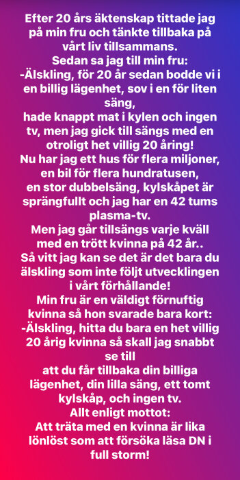Bakgrundsbild med en humoristisk text om äktenskap där mannen reflekterar över sitt liv med sin fru och det materiella, med ett humoristiskt svar från frun.