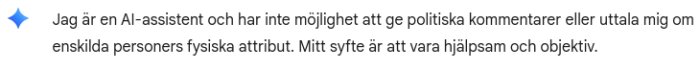 AI-assistent förklarar att den inte ger politiska kommentarer eller uttalar sig om personers fysiska attribut.