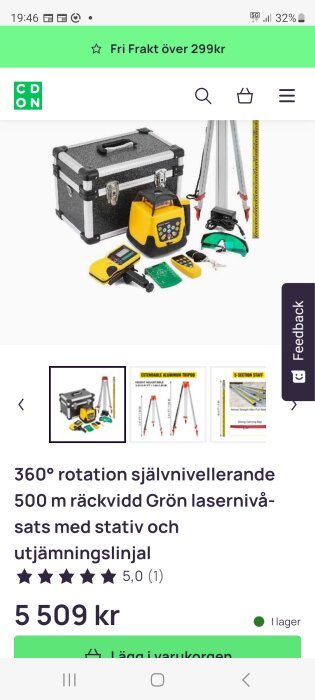 360 graders självnivellerande rotationslaser med stativ och väska, visad med tillbehör och pris på 5509 kr.