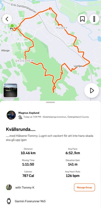 Karta över en löprunda i Söderköpings kommun, totalt 10,46 km med en höjdökning på 141 m, gjord på 1:11:50.