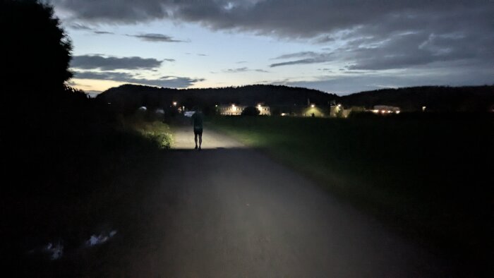 Person som promenerar på en landsväg i skymning, med upplysta byggnader i bakgrunden och molnig himmel.