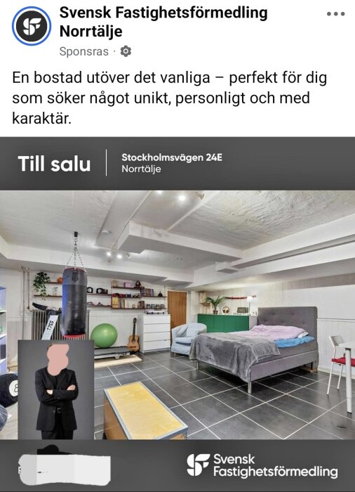 Ombonat sovrum med grå säng och moderna detaljer, kombinerat med träningsutrustning och förvaring, utgör en unik och personlig bostad.