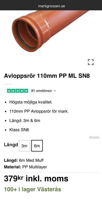 Avloppsrör av plast, 110 mm diameter, klass SN8, med muff, längd 6 m, rött, visas med produktinformation från markgrossen.se.