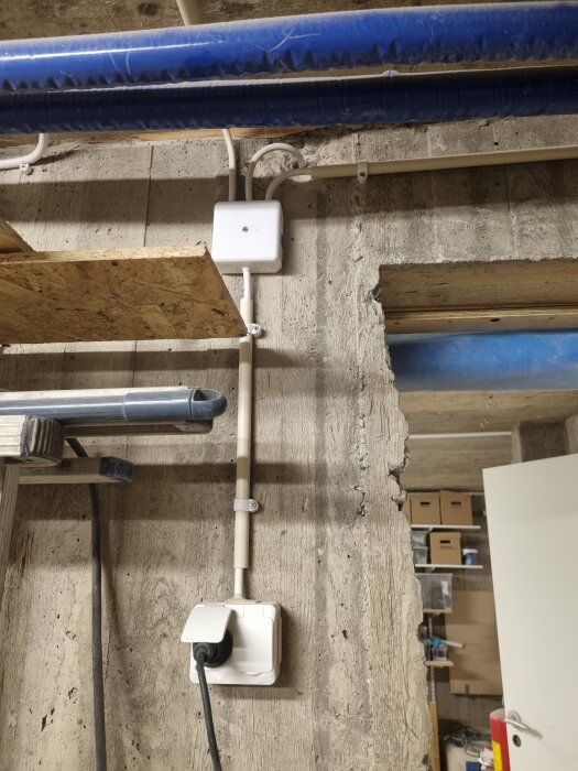 Vägg med monterad elbox och kabeldragning, synliga rör och sladdar, träpanel samt en hylla med kartonger i bakgrunden.