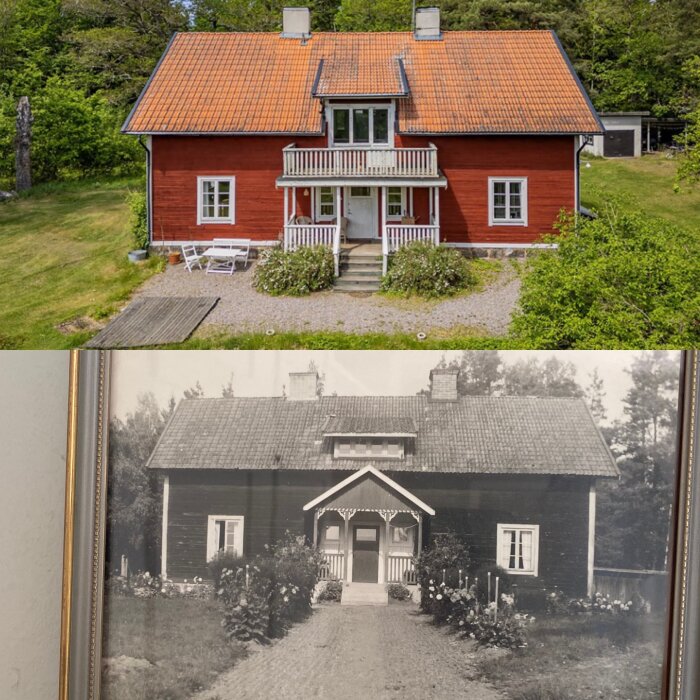 Två bilder av samma hus: överst ett modernt foto med en tillbyggd balkong, nederst ett gammalt foto utan balkong.
