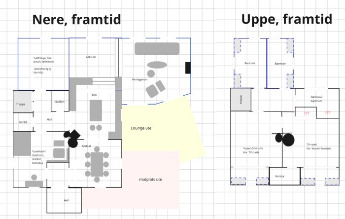 Konceptskiss av framtida husplanlösning med kök, matsal, vardagsrum, uteplats och lounge nere samt sovrum och kontor uppe.