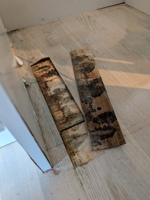 Skadat golv under kylskåp med lossnade och missfärgade träbitar efter vattenskada.