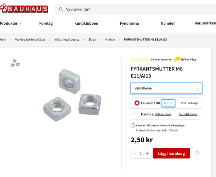 Fyrkantsmutter M8 E11/AI13 visas på Bauhaus webbplats med tre fyrkantsmuttrar i bild.