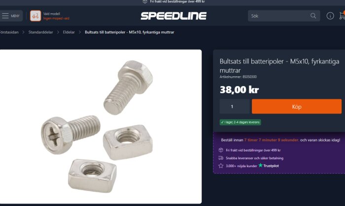 Bultsats till batteripoler M5x10 med fyrkantiga muttrar, visas på en produktbild med pris och köpknapp från en webbshop.