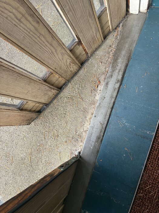 Gammal ytterdörr med låg gummitröskel, sliten och tätar dåligt, omgiven av granbarr och smutsigt golv.