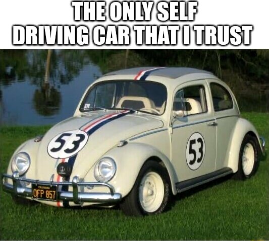 En vit VW Beetle med nummer 53 och racingränder står på gräset. Text ovan lyder "THE ONLY SELF DRIVING CAR THAT I TRUST".