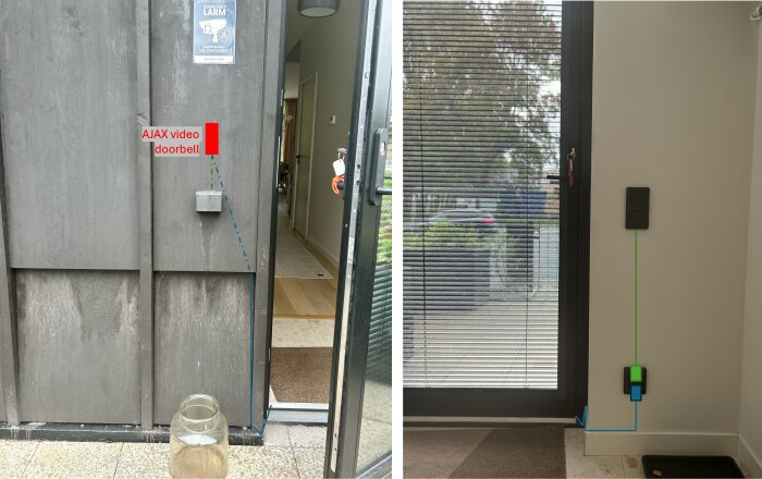 Två bilder visar installationsalternativ för AJAX videodörrklocka med blå och grön linje som indikerar kabeldragning utomhus och inomhus.