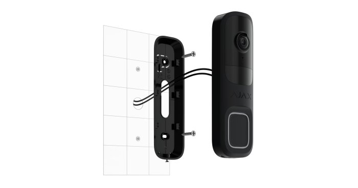 Exploderad vy av AJAX videodörrklocka med monteringsplatta och kablar för installation på en vägg.