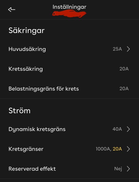 Bild av inställningar för säkringar och ström med specifikationer som huvudsäkring på 25A, kretsäkring på 20A och dynamisk kretsgräns på 40A.