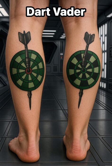 Ryggen på benen med tatueringar av darttavlor och pilar, mot en futuristisk metallisk bakgrund. Texten "Dart Vader" ovanför.