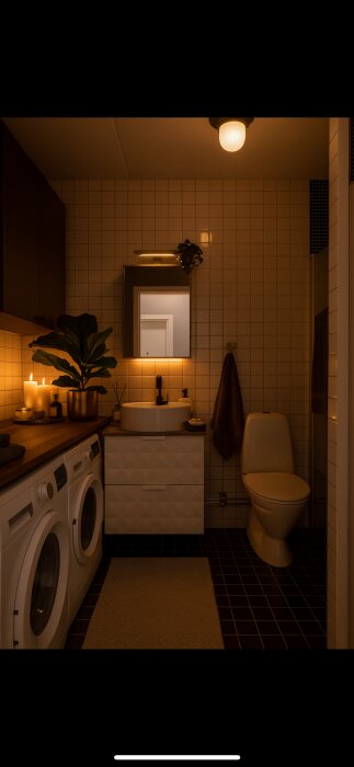 Mysigt badrum med tända ljus, gröna växter, toalett och tvättmaskiner under mjuk belysning.