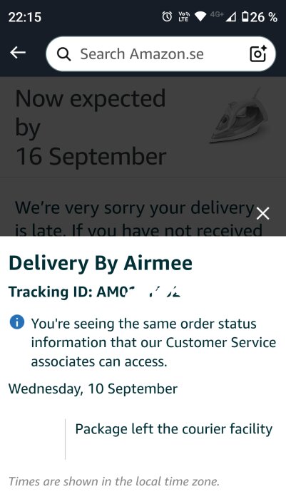 Skärmdump av Amazon.se som visar leveransstatus för en försändelse via Airmee med försenat leveransdatum satt till 16 september.