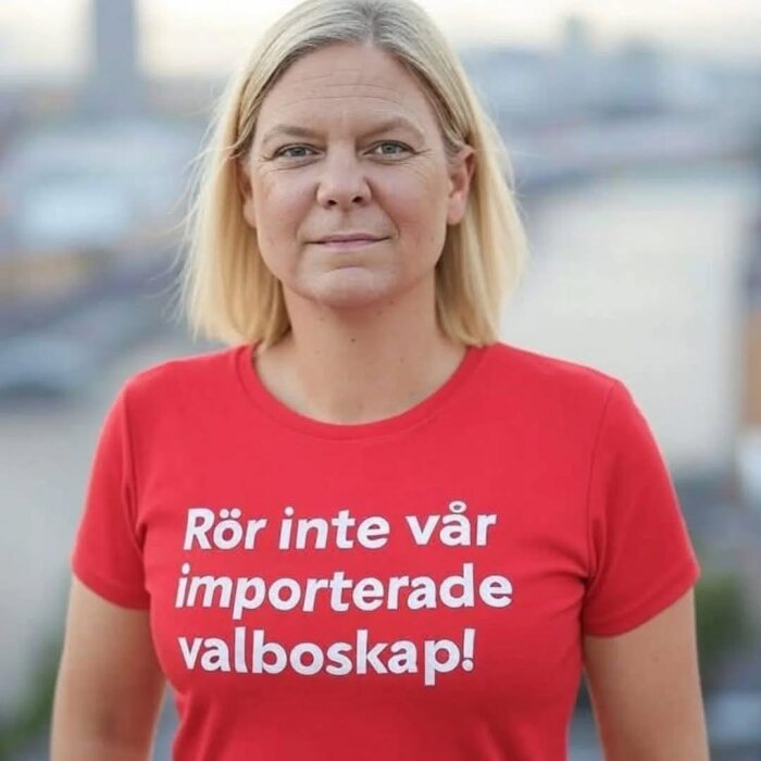 En person i en röd t-shirt med texten "Rör inte vår importerade valboskap!