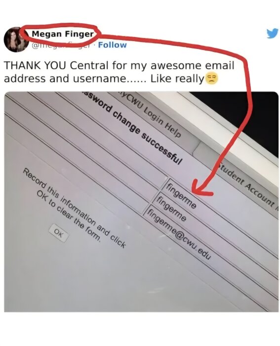 Skärmbild av ett inlägg på Twitter där användaren kommenterar sin användarnamn och mejladress, vilket båda innehåller ordet "fingerme".