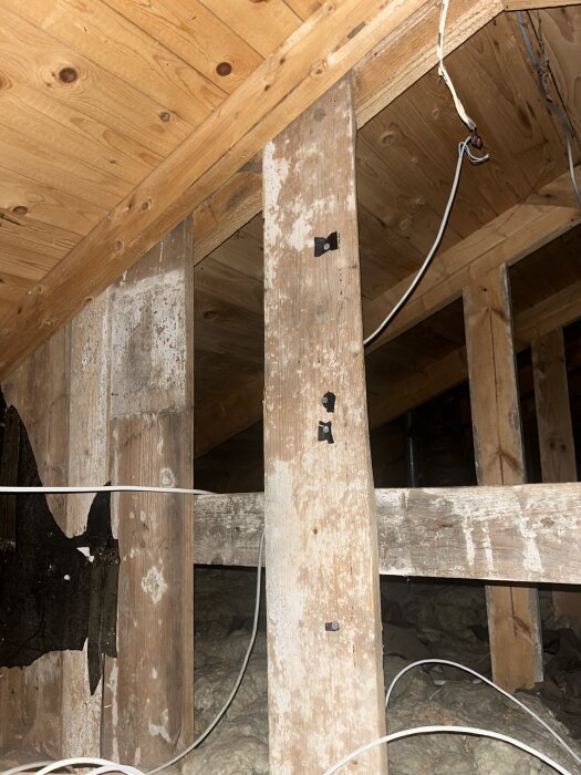 Träbjälkar och takpanel i ett gammalt vindsutrymme med synliga elektriska kablar hängande.
