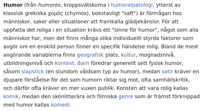 Text om definitionen av humor och dess olika former, inklusive slapstick och satir.