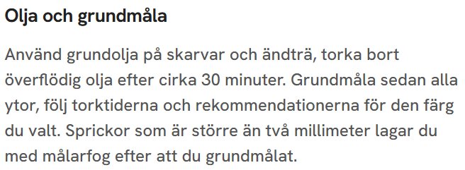 Textinstruktioner för olja och grundmålning av träytor, med fokus på skarvar och sprickor.