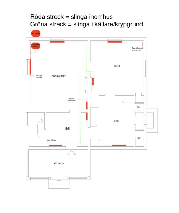 Planritning av hus med markeringar för röd värmeslinga inomhus och grön slinga i källare/krypgrund, fokus på installation av nytt värmesystem.