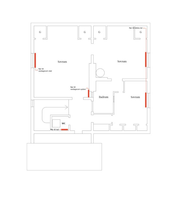 Planritning över ett hus på ca 115 kvm i Stockholmstrakten med markeringar för planerade nya radiatorer i olika rum.