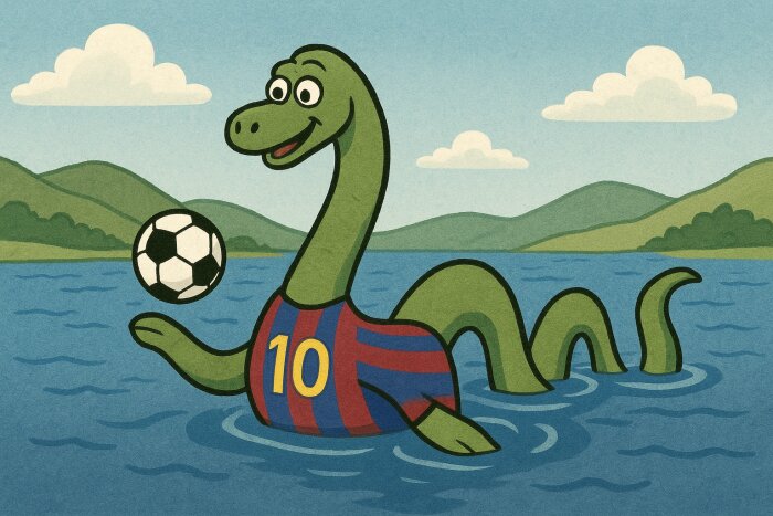 Tecknad sjöorm i en "Messie"-tröja som spelar fotboll i en sjö omgiven av berg och moln.
