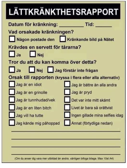 Blankett med titeln "Lättkränkthetsrapport" med kryssrutor för orsak och reaktion på en upplevd kränkning.