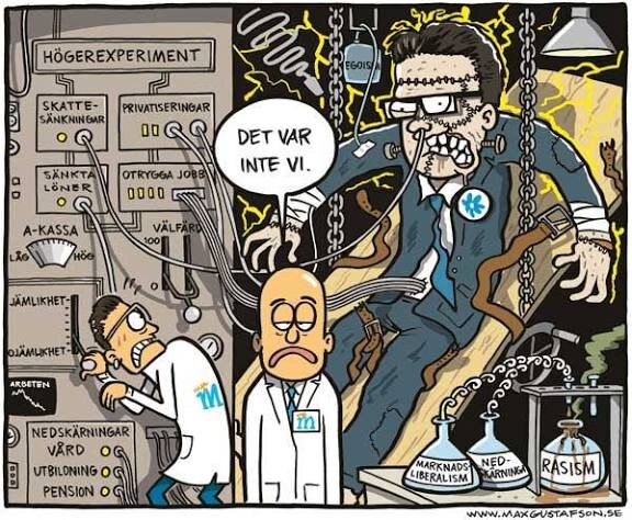 Tecknad politisk satir med politikerslabb, maskin märkt "Högerexperiment", och partiledare i Frankenstein-inspirerat scenario.