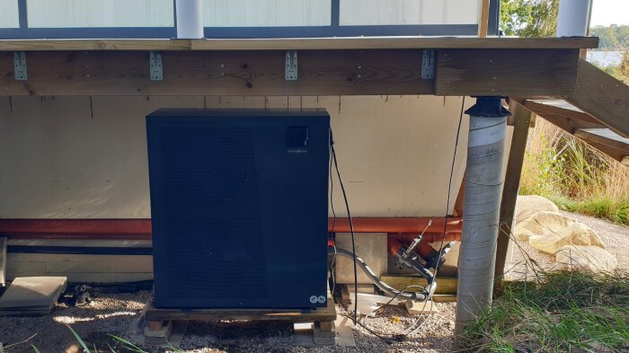 Värmepump från Gullberg & Jansson placerad under en veranda bredvid en pool, med rör och elkablar anslutna.